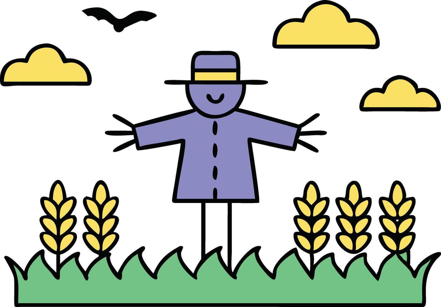 Friendly Scarecrow in Wheat Field, Cartoon Style, Autumn Farm Scene vector