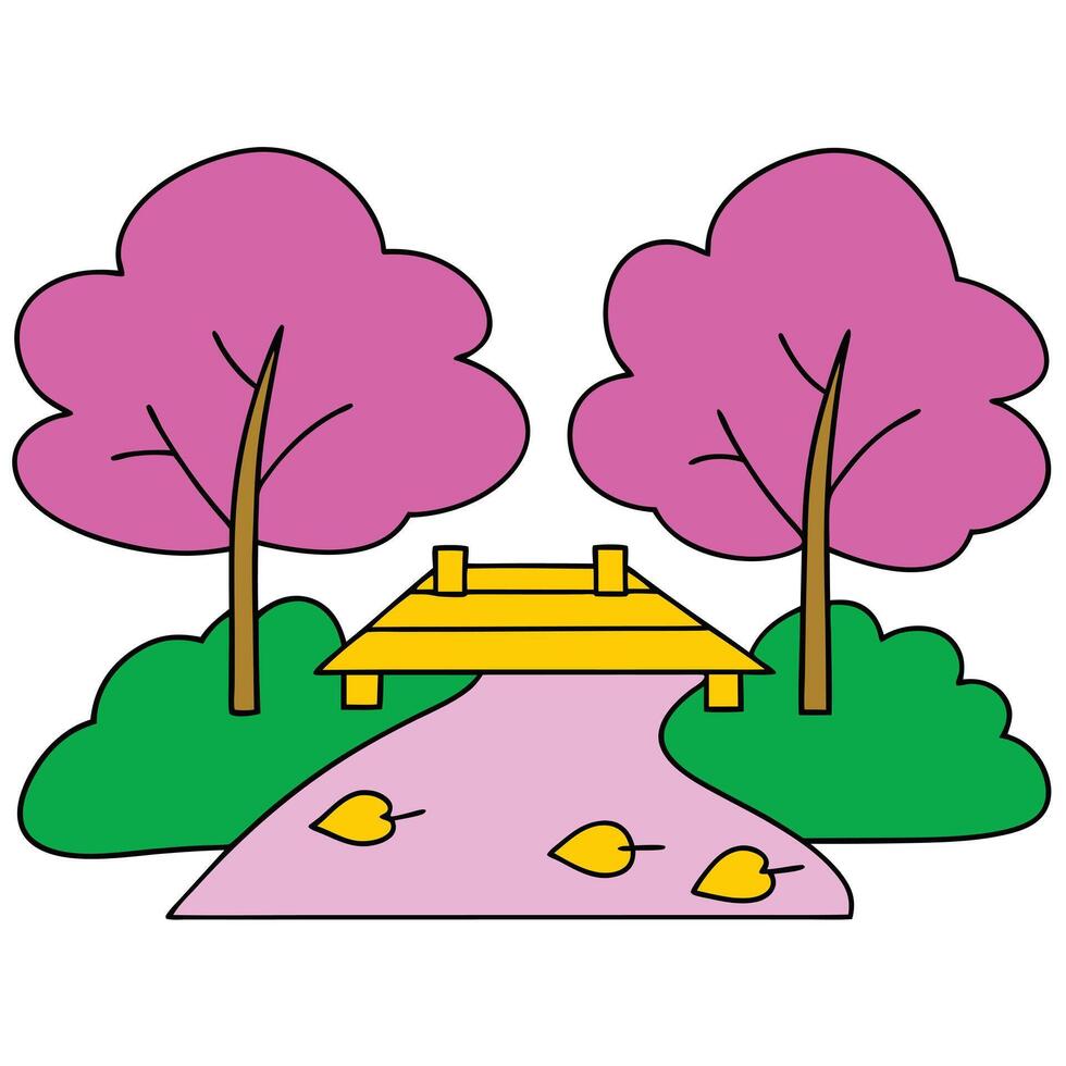 Autumn Park Scene Bridge, Pink Trees, Path, Falling Leaves vector