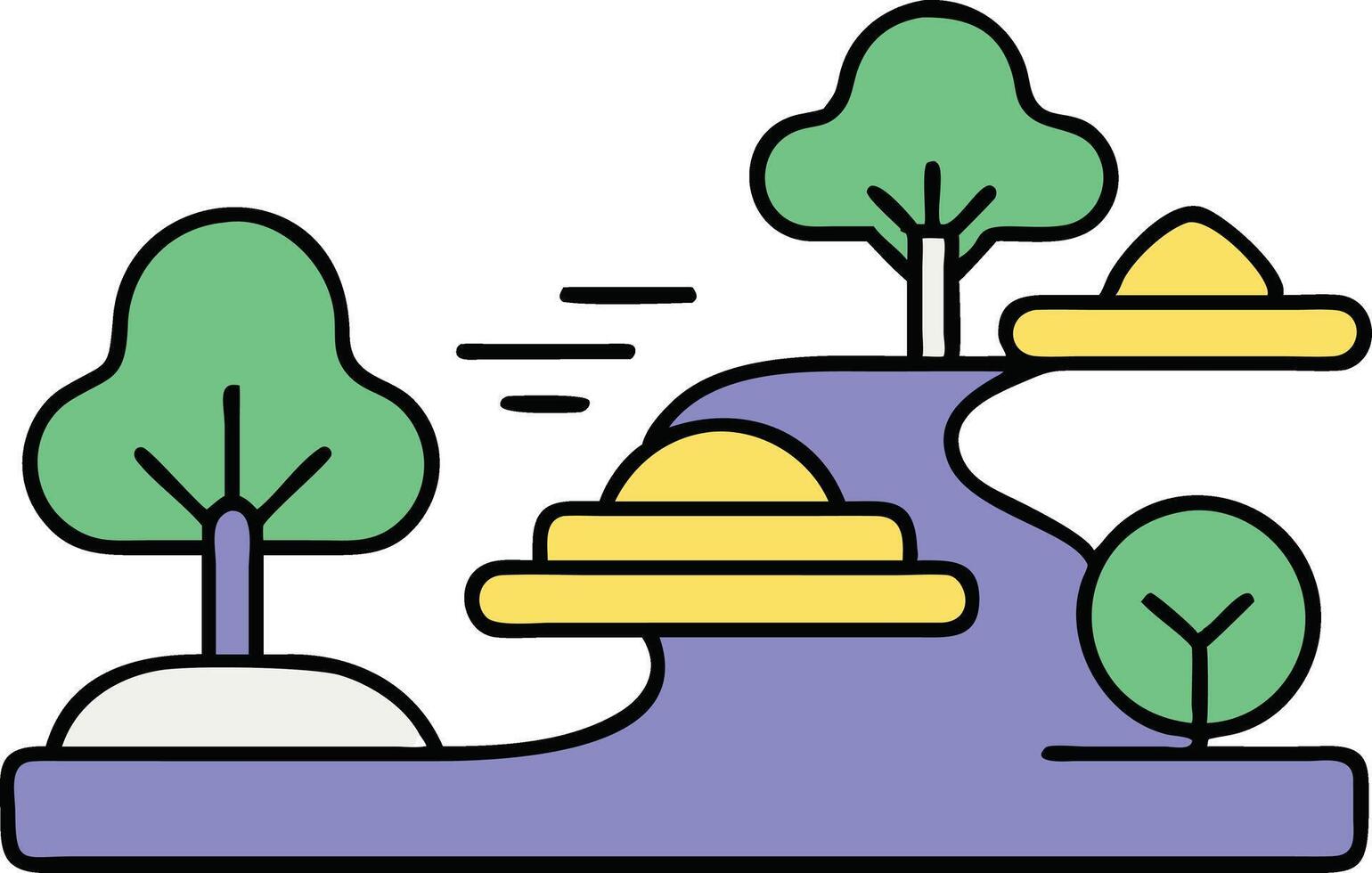 Cartoon Landscape Trees, Wind, Hill, and Yellow Objects vector