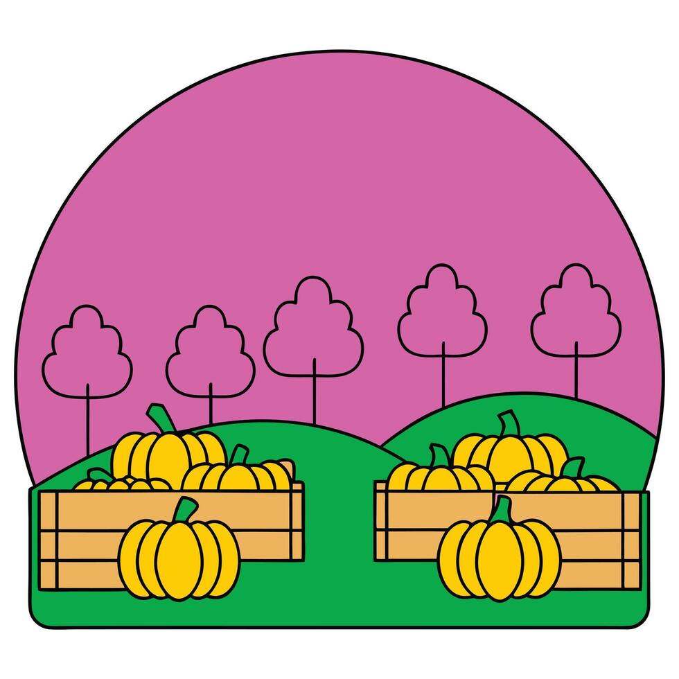 Autumn Harvest Pumpkins in Wooden Crates, Farm Scene vector