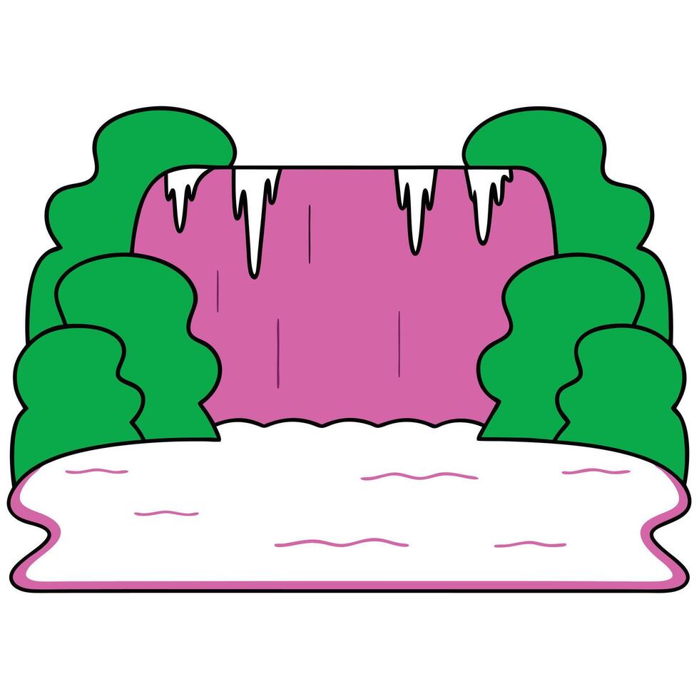 Frozen Waterfall Landscape Icicles, Pink Cliffs, Green Bushes vector