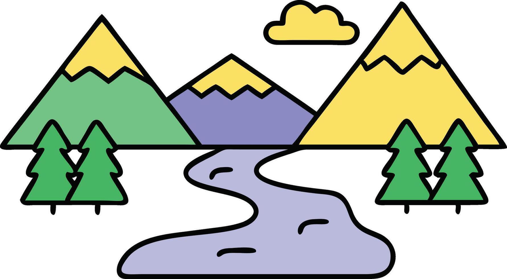 Serene Mountain River Landscape Pines, Peaks, and Clouds vector