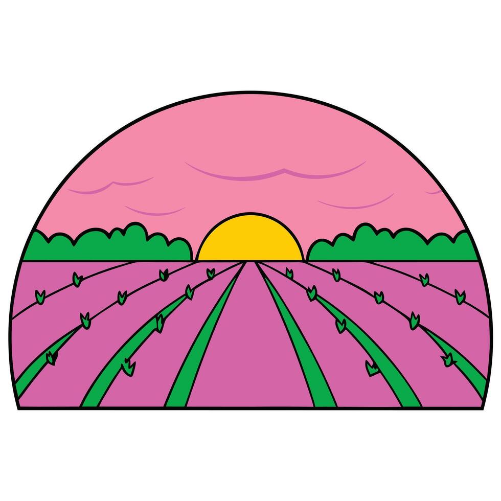 Sunset Over Lavender Field Rows, Pink Hues, Peaceful Rural Scene vector