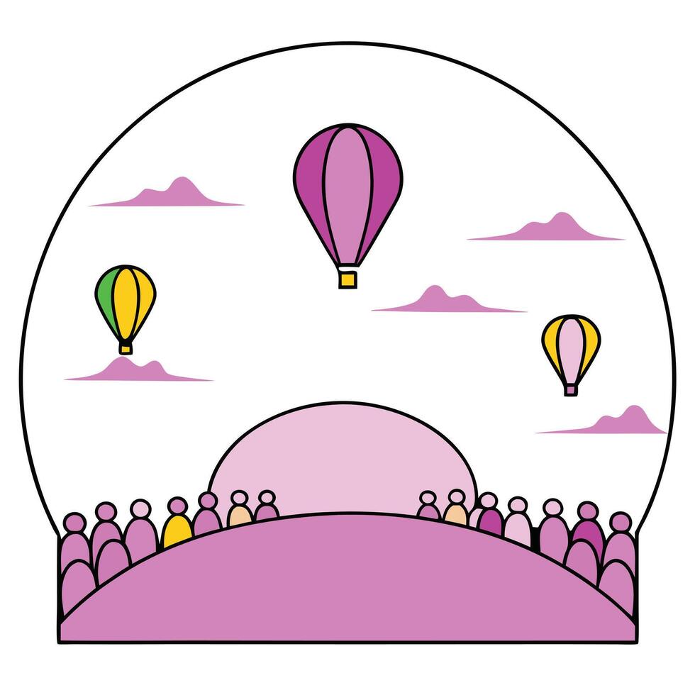Hot Air Balloons Soaring Above Crowd Hilltop Sunset View vector