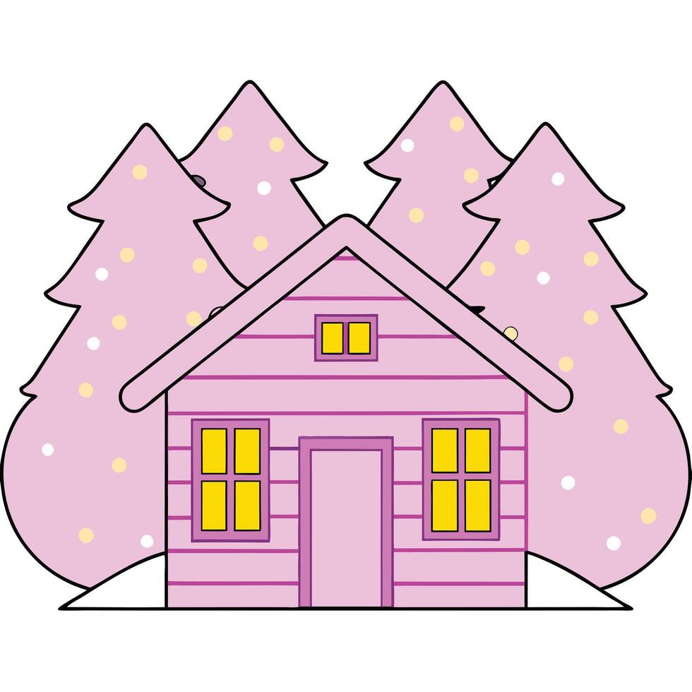 Pink Winter Cabin Surrounded by Decorated Christmas Trees vector
