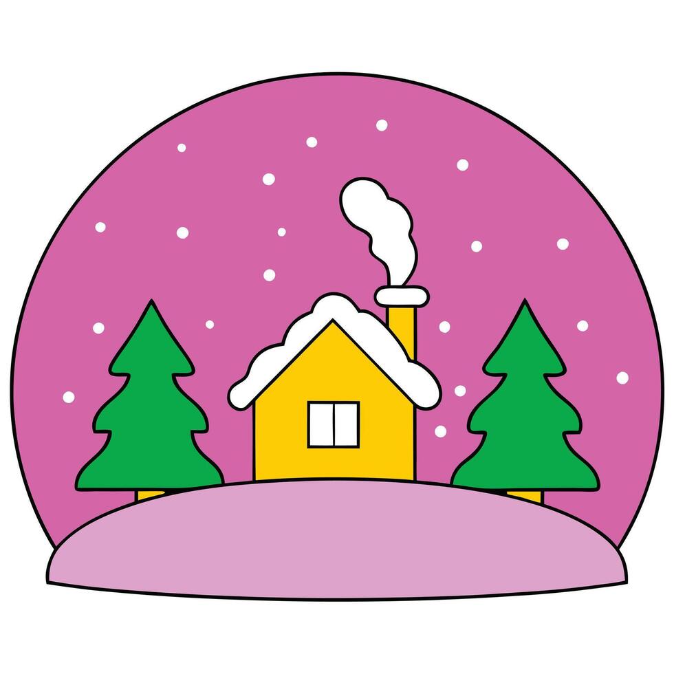 Cozy Winter House Snow Globe Scene Festive Christmas Trees vector
