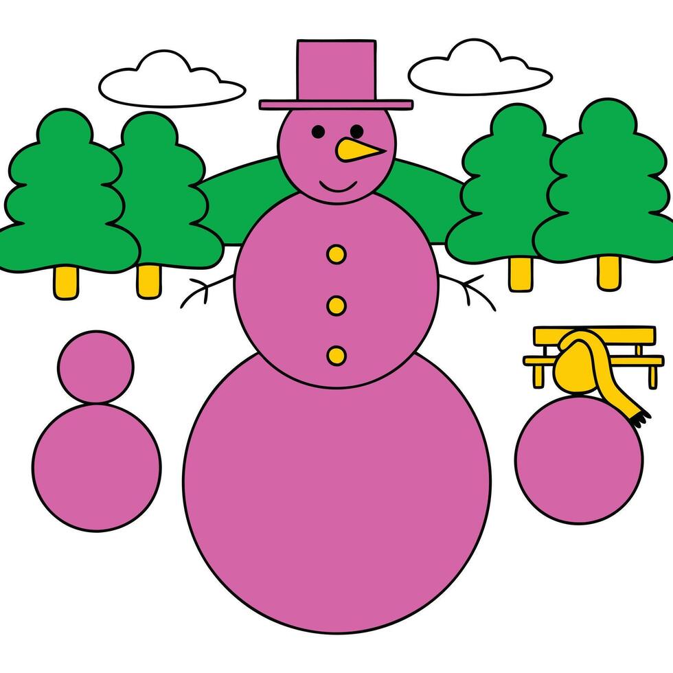 Purple Snowman Winter Scene Park, Trees, Snowballs, and Bench vector