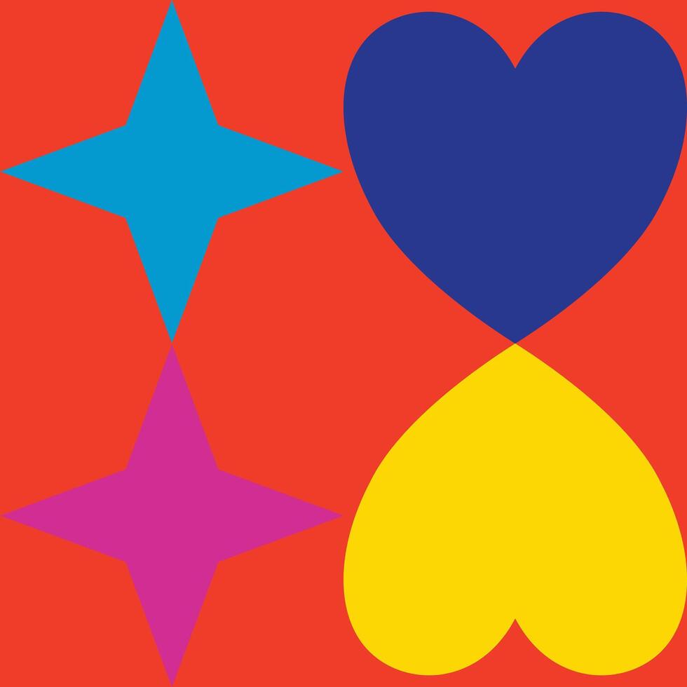 A red background with blue, yellow and purple hearts vector