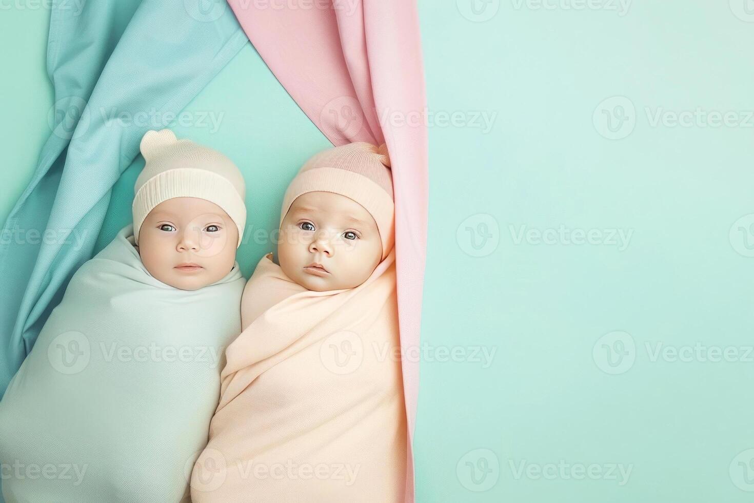 Two adorable newborns wrapped in soft pastel blankets, gazing with innocence and curiosity photo