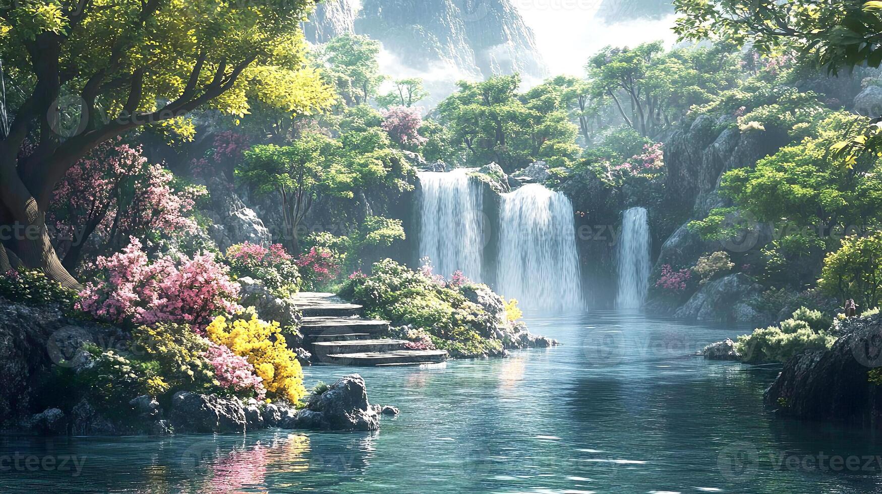 Escape to this serene oasis with cascading waterfalls and lush greenery, photo