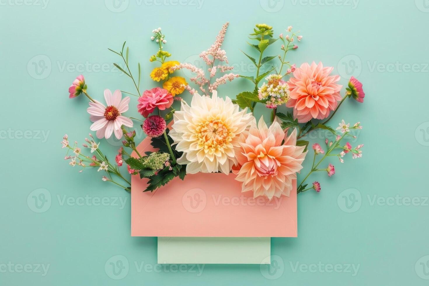 A delightful arrangement of vibrant flowers bursts from a pastel envelope against a fresh mint background photo