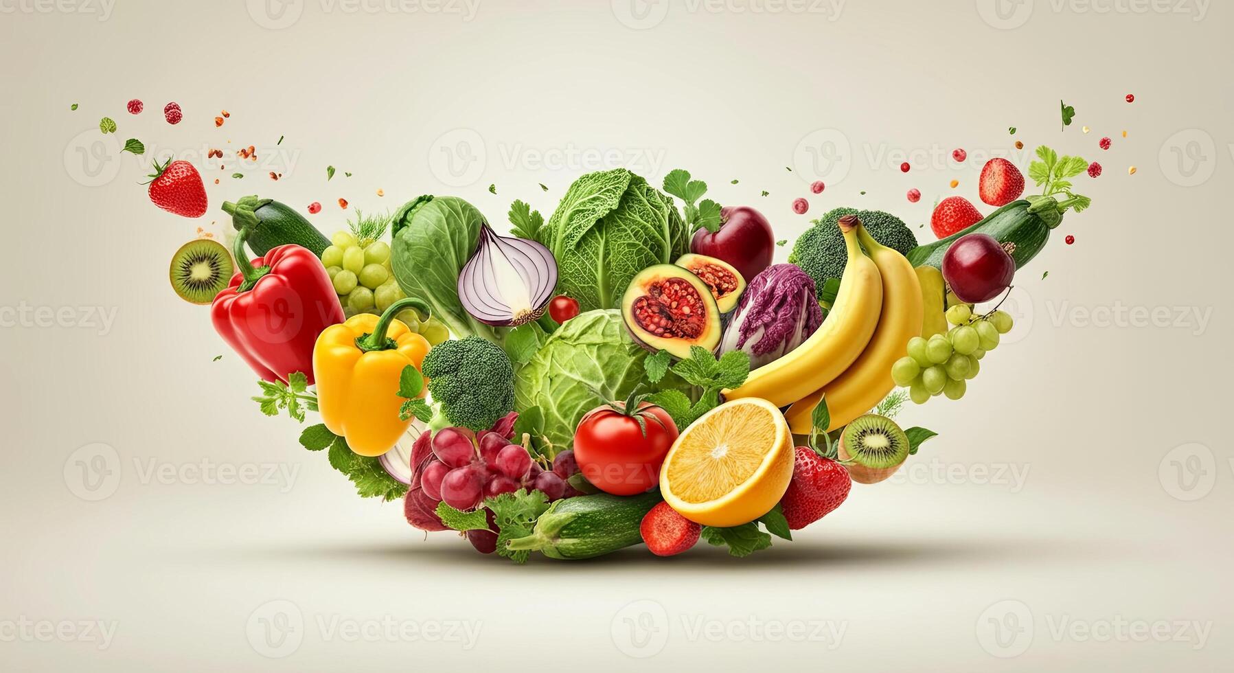 A vibrant digital collage of fresh fruits and vegetables, showcasing a rich array of colors photo