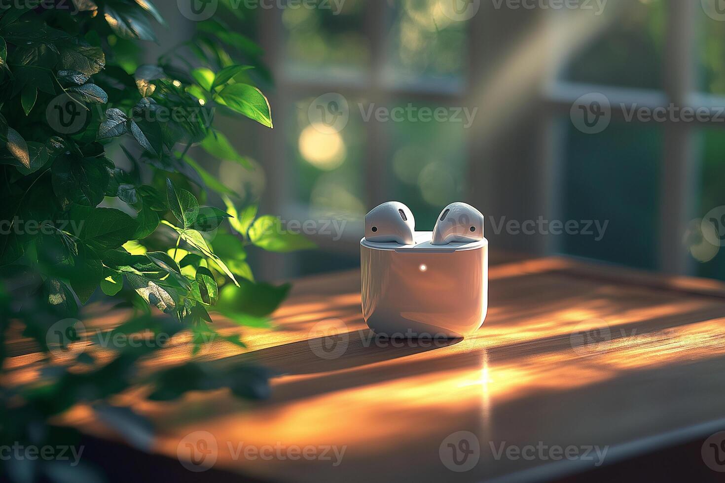 Earpods resting on a wooden table photo