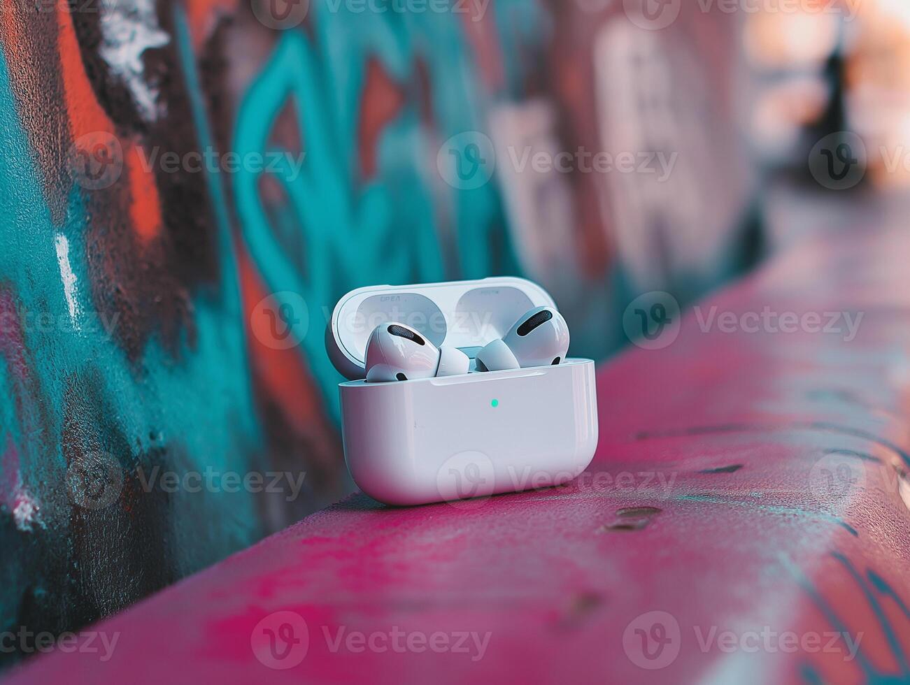 AirPods and Box Resting on Colorful Graffiti Bench photo