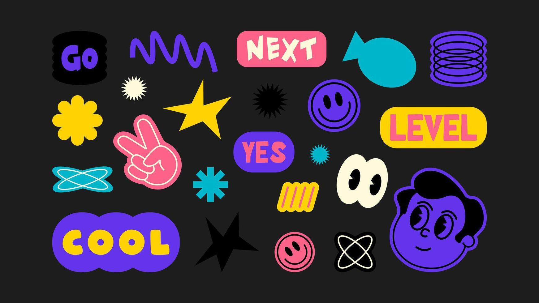 Futuristic Y2K patches, labels, tags, stickers, and bracelet stamps with a retro vibe. Playful cartoon-style stickers in a funky, hipster, groovy, and grunge-inspired 90s aesthetic. Trendy set vector