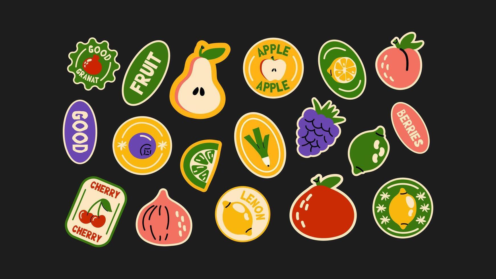 Groovy fruit stickers labels 90's style. Funky berries, summer lettering, bright shapes, vegetarian useful tags. Retro set of trendy doodle patches and stamps for packaging vector