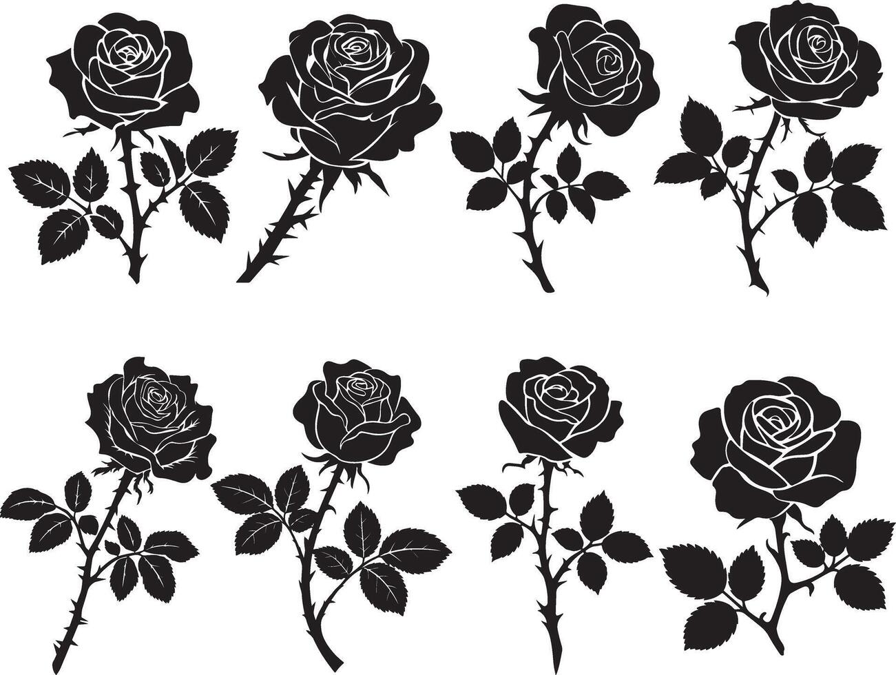 Rose set silhouette black and white illustration for valentines day vector