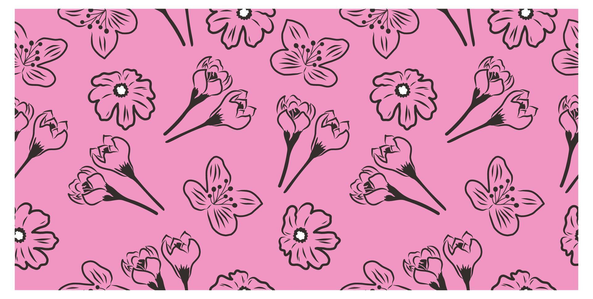 Seamless pattern with spring doodle flowers. Design on pink background. vector