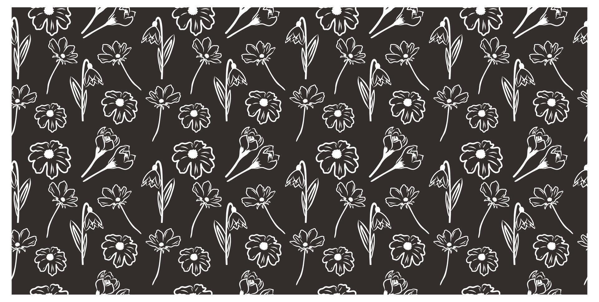 Seamless pattern with spring doodle flowers on dark background. vector