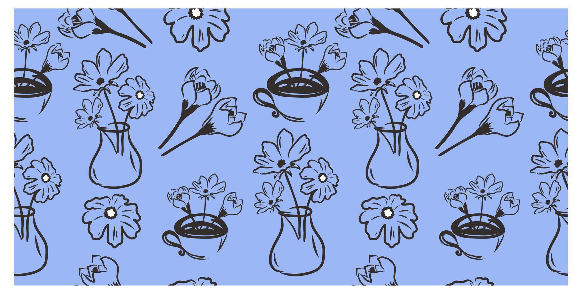 Seamless pattern with doodle flowers and vase. Spring design on violet background. vector