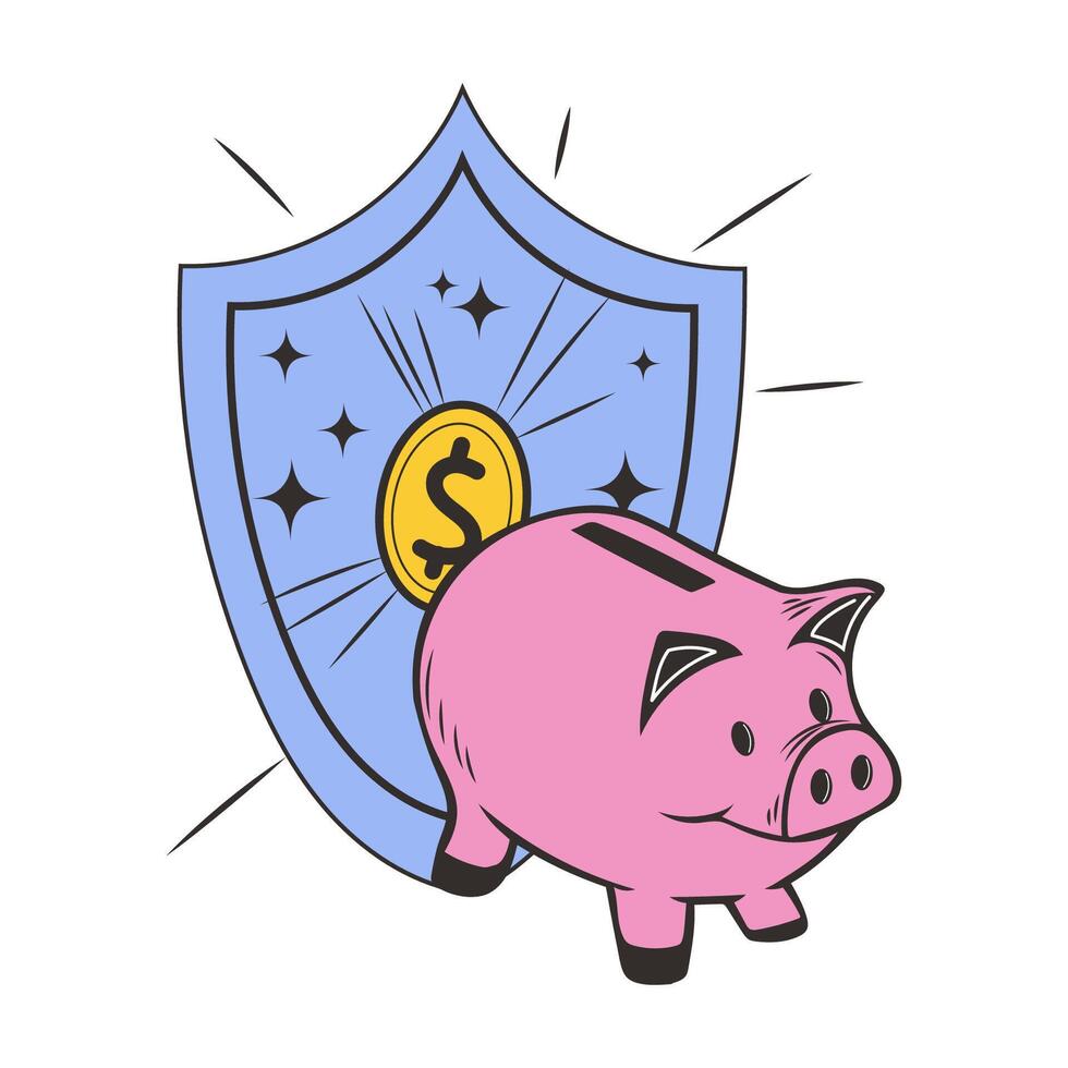 Hand drawn shield with a cute piggy bank and coins. Design of no buy concept vector