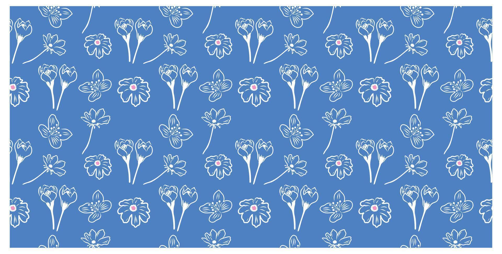 Seamless pattern with spring doodle flowers on blue background vector