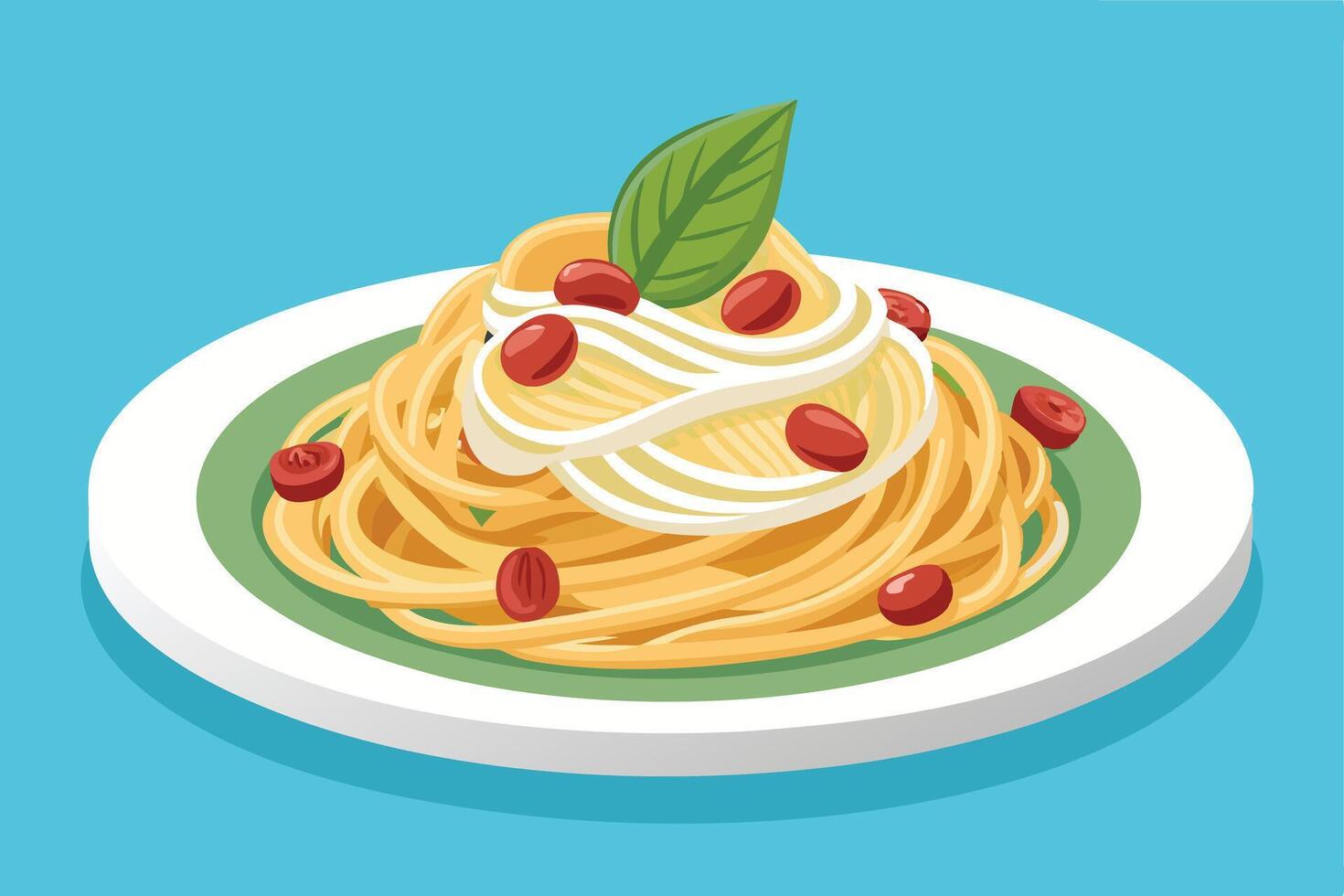 Delicious pasta dish with basil and cherry tomatoes, ready to eat. vector
