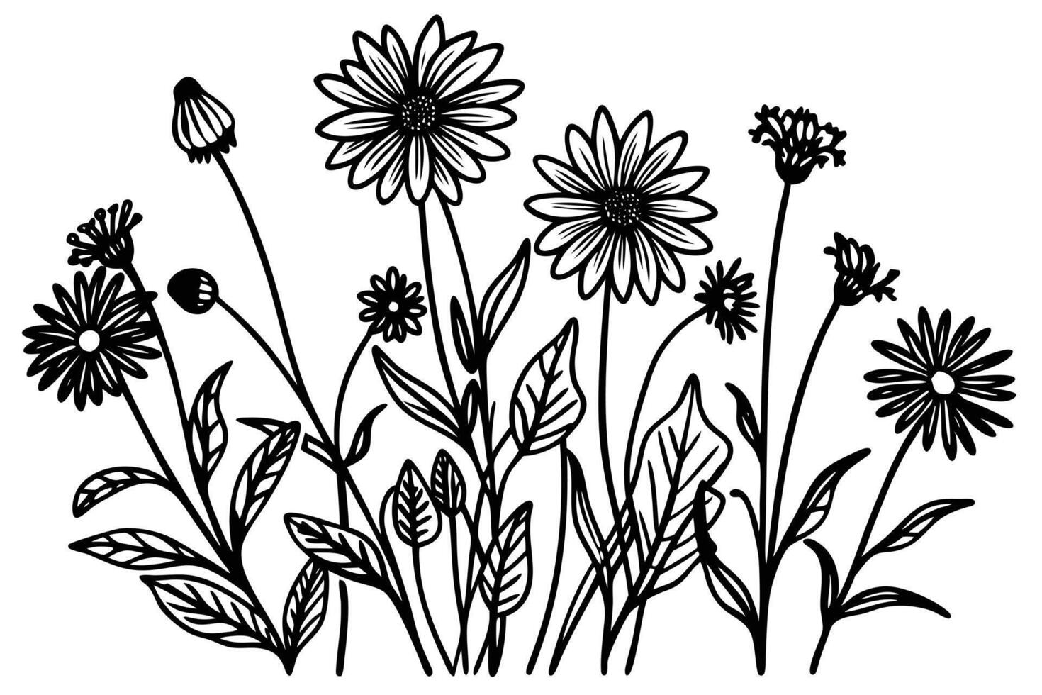 Black and white floral design of a garden scene. vector