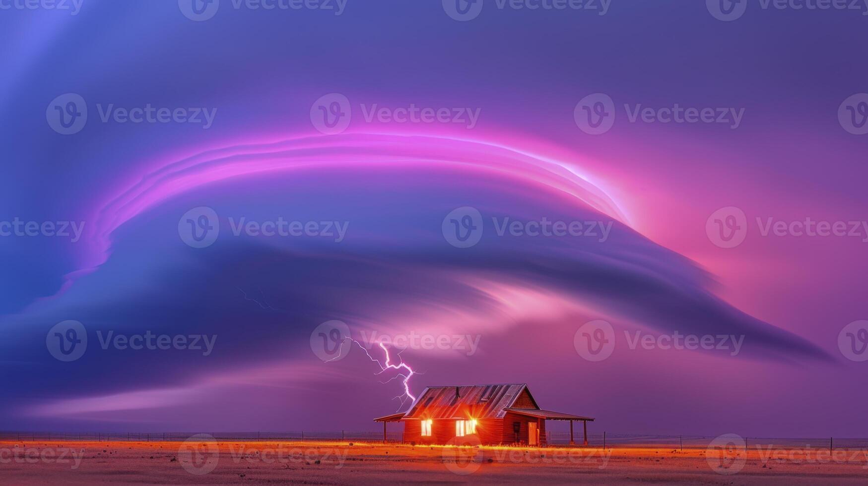 A lightning bolt strikes a house in the middle of a storm photo