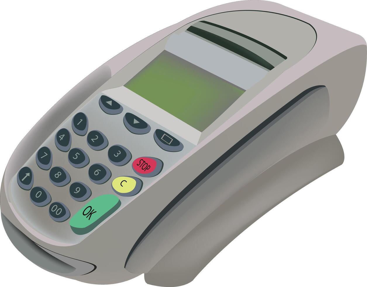 A credit card machine with a green button vector