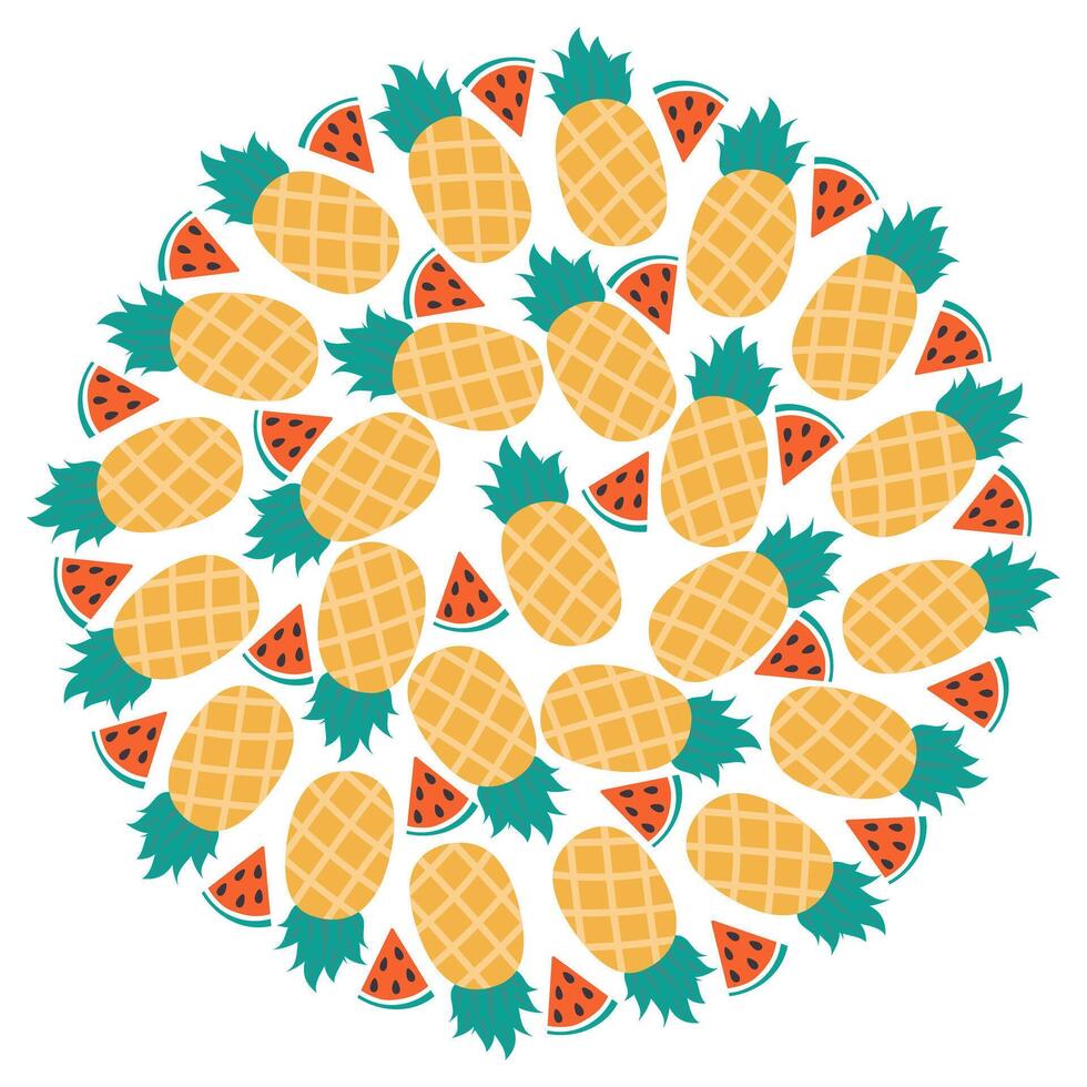 Triangular Watermelon slices and whole Pineapples Circular Summertime Fruits background Texture idea. Isolated illustration Thematic cards or web promo banner, leaflets, print materials or tags vector