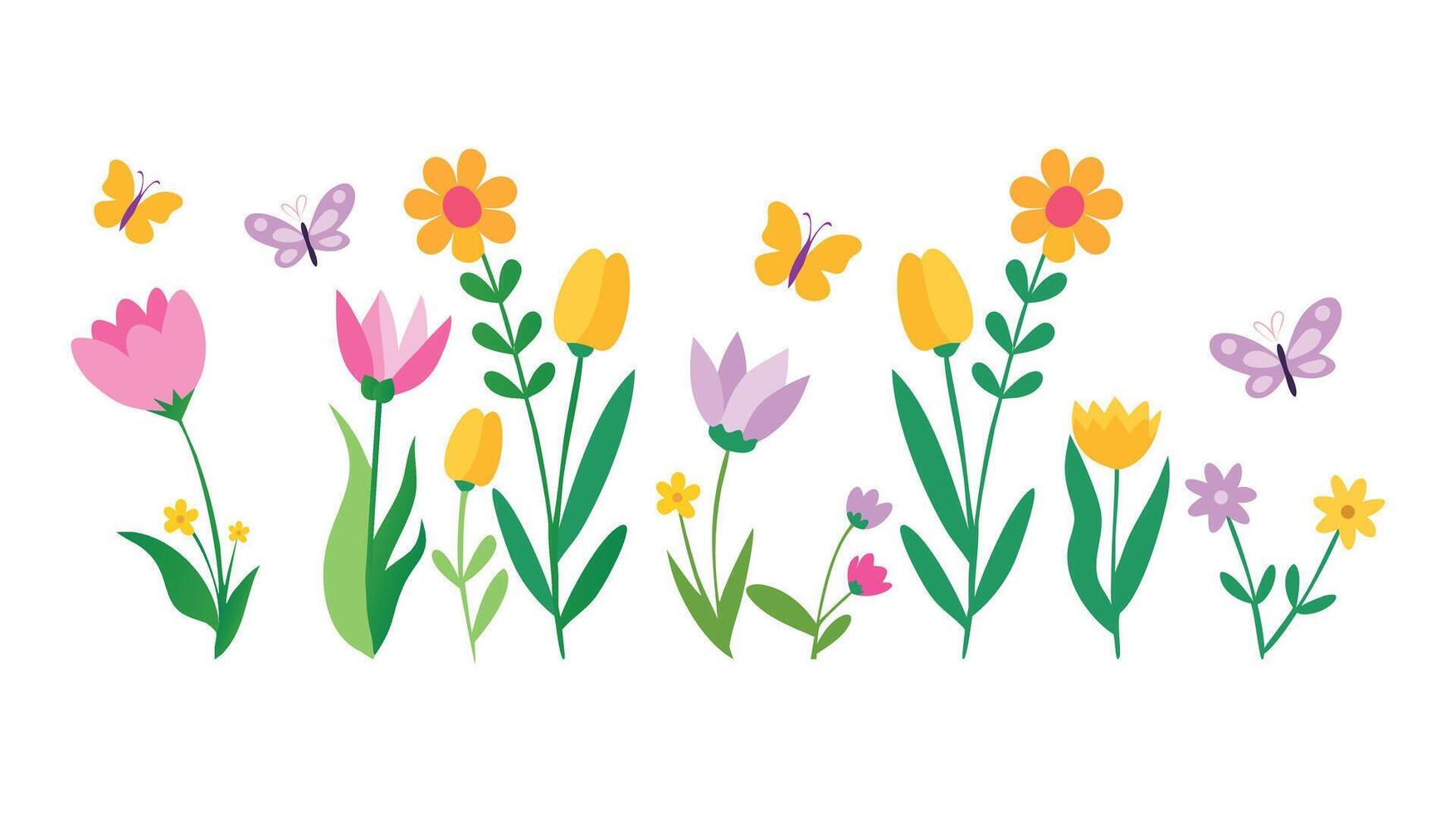 A group of flowers and butterflies on a white background, Flowers clip art illustration set vector