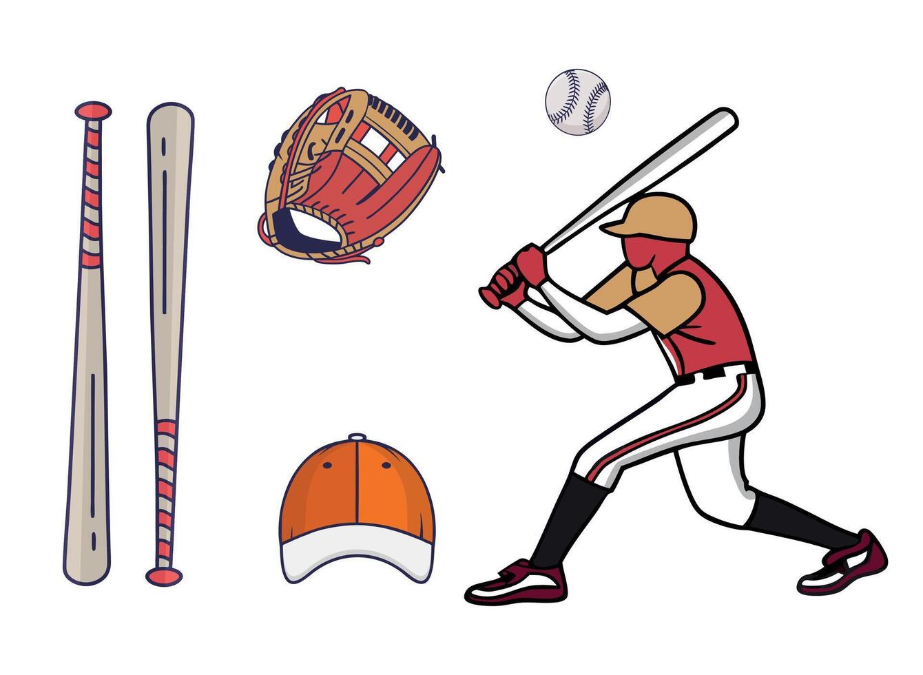 Baseball Illustration Clip Art Set, Baseball Cap Ball And Gloves Outline Icon Symbol Set vector