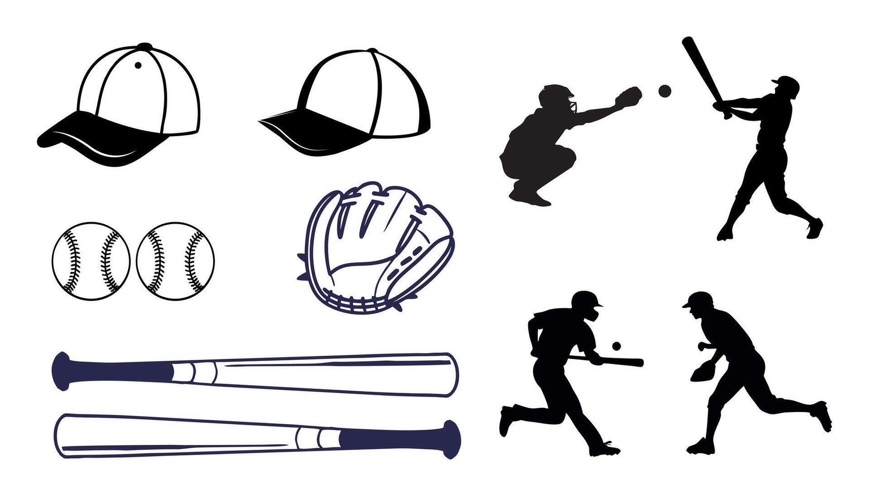 Baseball Illustration Clip Art Bundle Set, Baseball Cap ball And bat with gloves Silhouette Set, vector