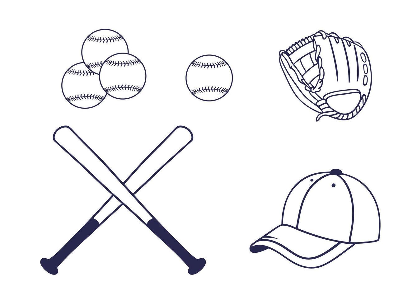 Baseball Instrument Clip Art Bundle Set, Baseball Cap Glove, Bat and Ball Sport Isolated Equipment And Element, Baseball Exercise Cap Ball And Gloves Outline Icon Symbol vector
