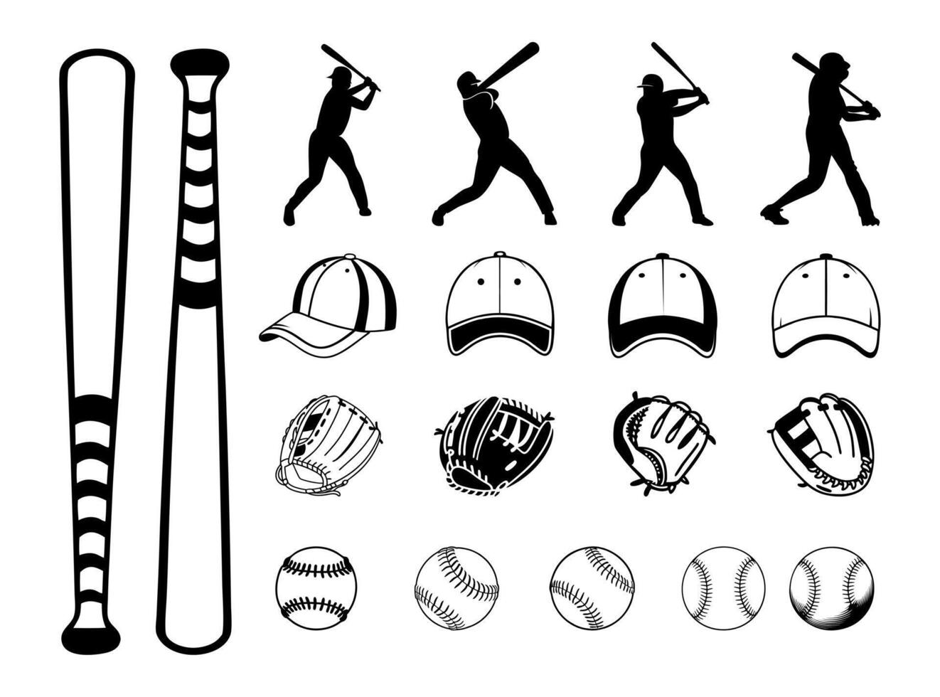 A Baseball Instrument Clip Art Bundle Set, Professional Baseball Sport Isolated Equipment And Element, Baseball Exercise Champion Abstract Baseball Outline Icon Set vector