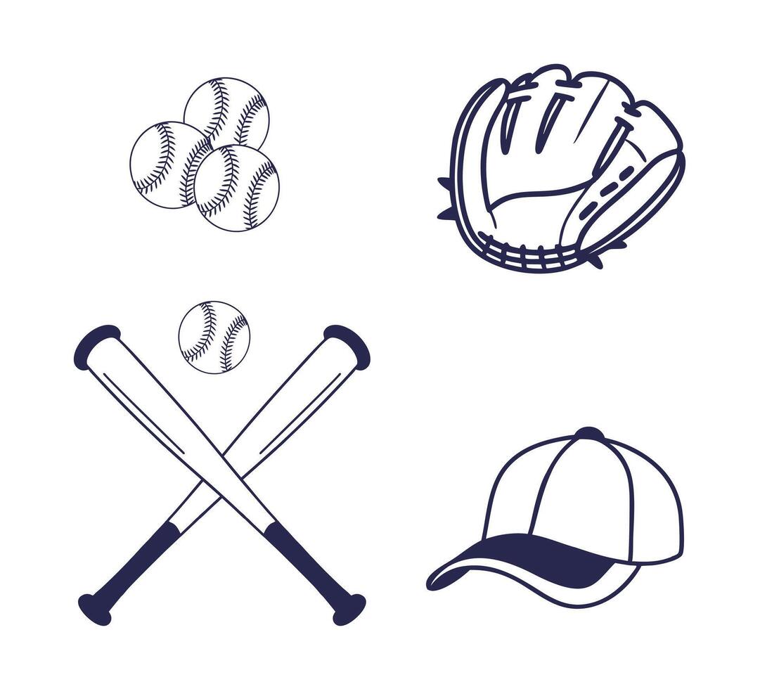 Professional Baseball Cap Bat And Glove Player Silhouette Element Sport Drawing Isolated Set, Baseball Player Silhouette Outline Game Collection vector