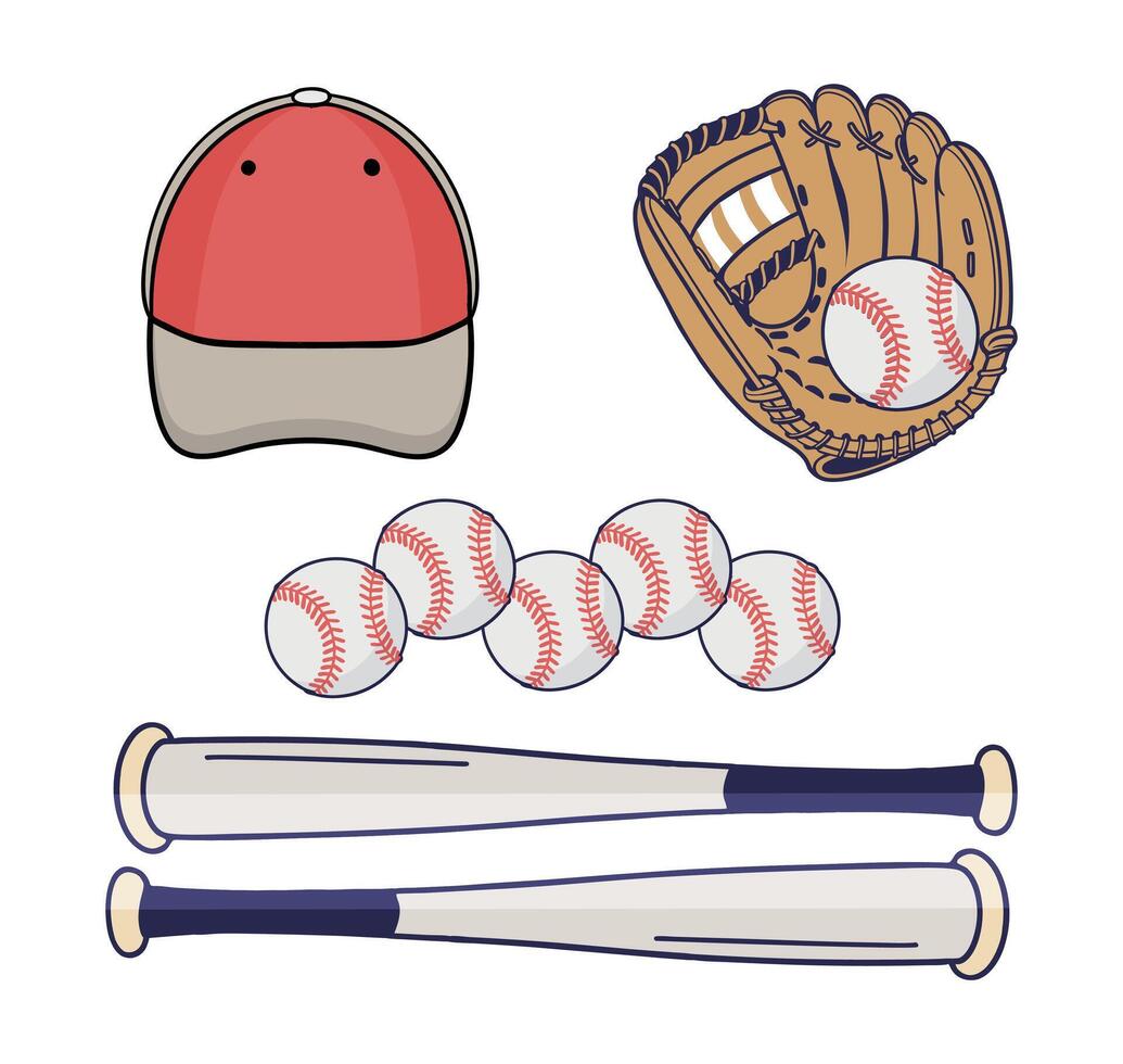 Baseball Sport Instrument Clip Art Bundle Set, Professional Baseball Cap Glove, Bat and Ball Sport Isolated Equipment And Element, Baseball Exercise Abstract Baseball Glove Outline Icon Symbol vector