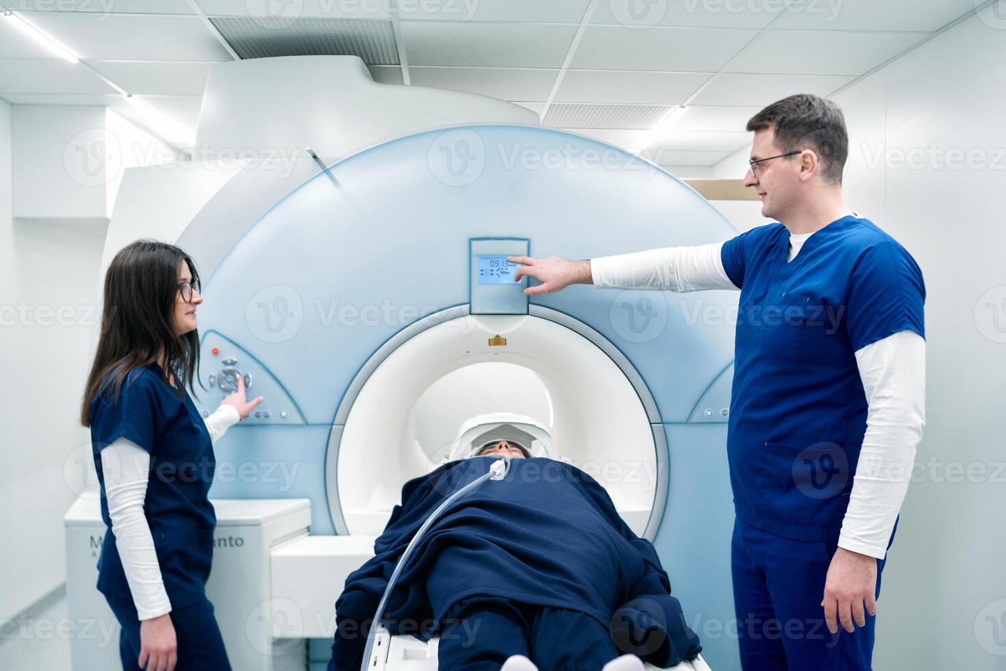 Medical scientific hospital laboratory meeting. Diverse team of neurologists, neuroscientists, neurosurgeons taking MRI, CT scan of patient, Talk About Treatment Method, New Drugs Cure photo