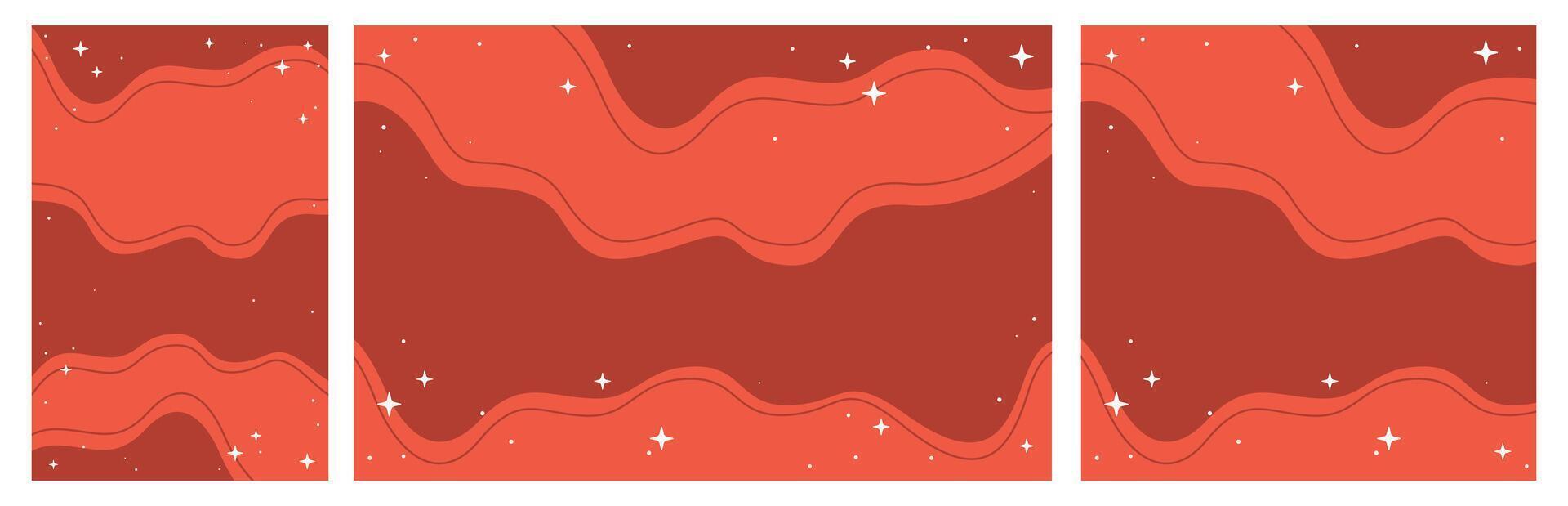 Stylized Magic Red Sky with Flowing Wavy Patterns and Shining Stars. Set of Wide, Square and Vertical Format vector