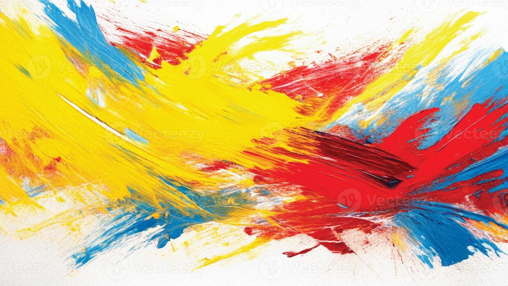 Chaotic blend of yellow, red, and blue paint strokes. photo