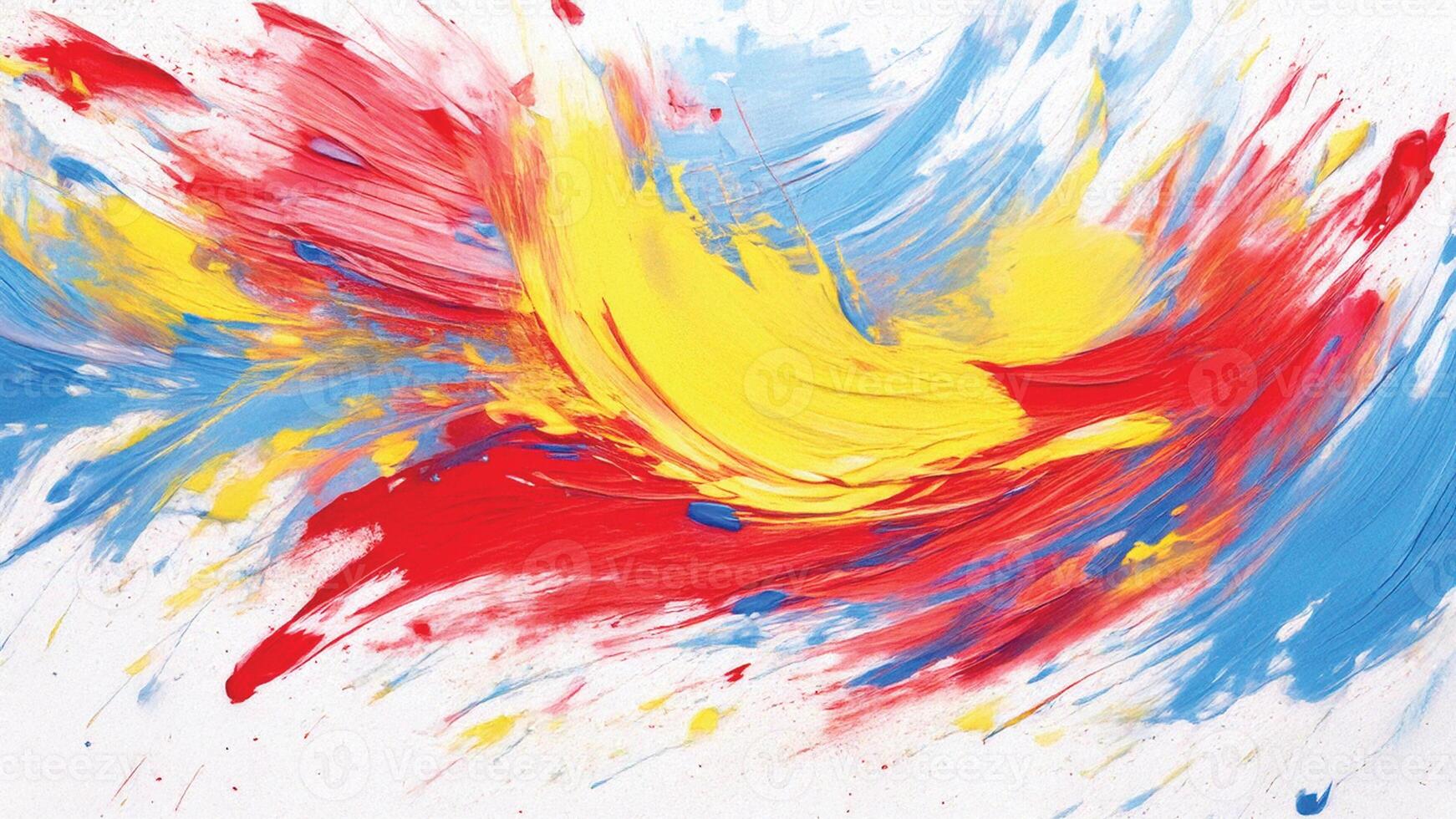 Energetic explosion of red, blue, and yellow paint, splattered across a white background. photo
