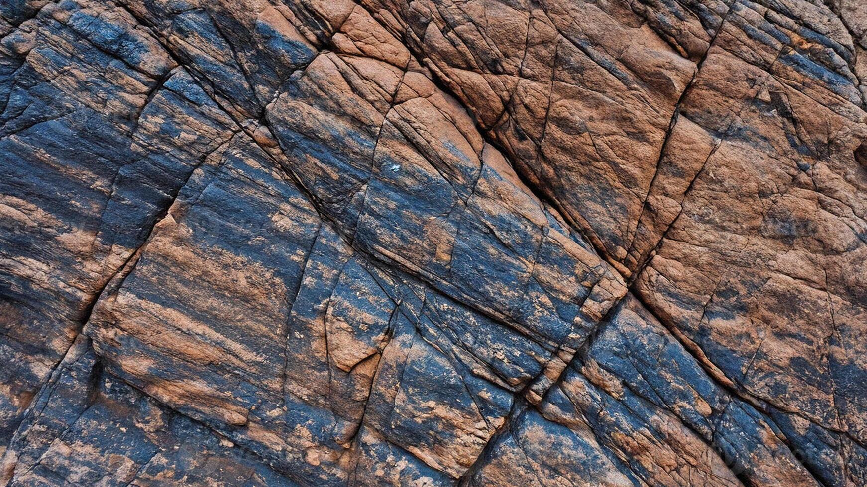 Rust and slate rock texture with deep cracks and rugged formations, ideal for geological backgrounds, architectural surfaces, and stone design inspirations photo