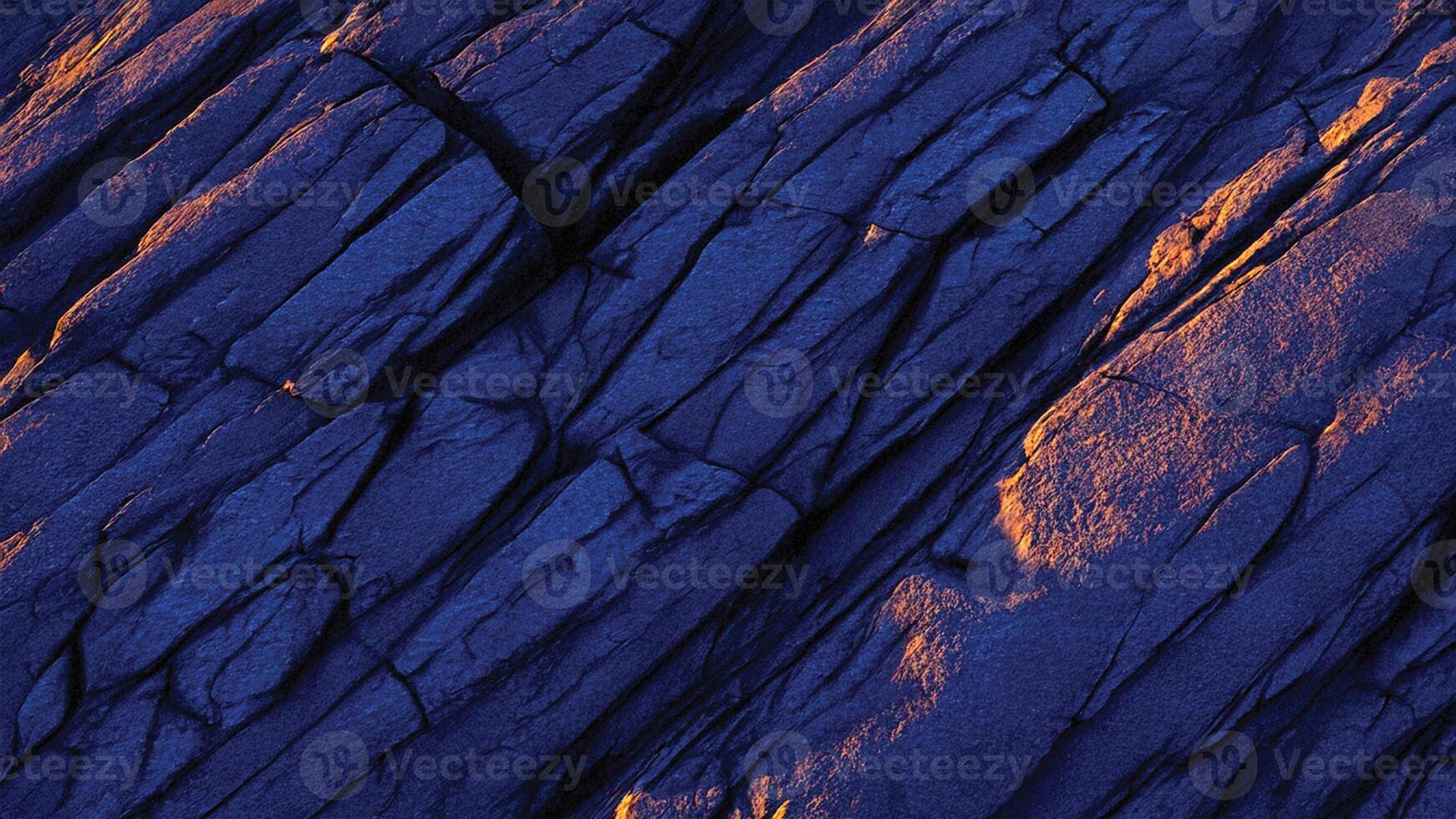 Striking slate rock formation with intricate blue and orange striations, highlighting natural stone patterns perfect for background designs, geological studies, or nature-inspired art projects. photo