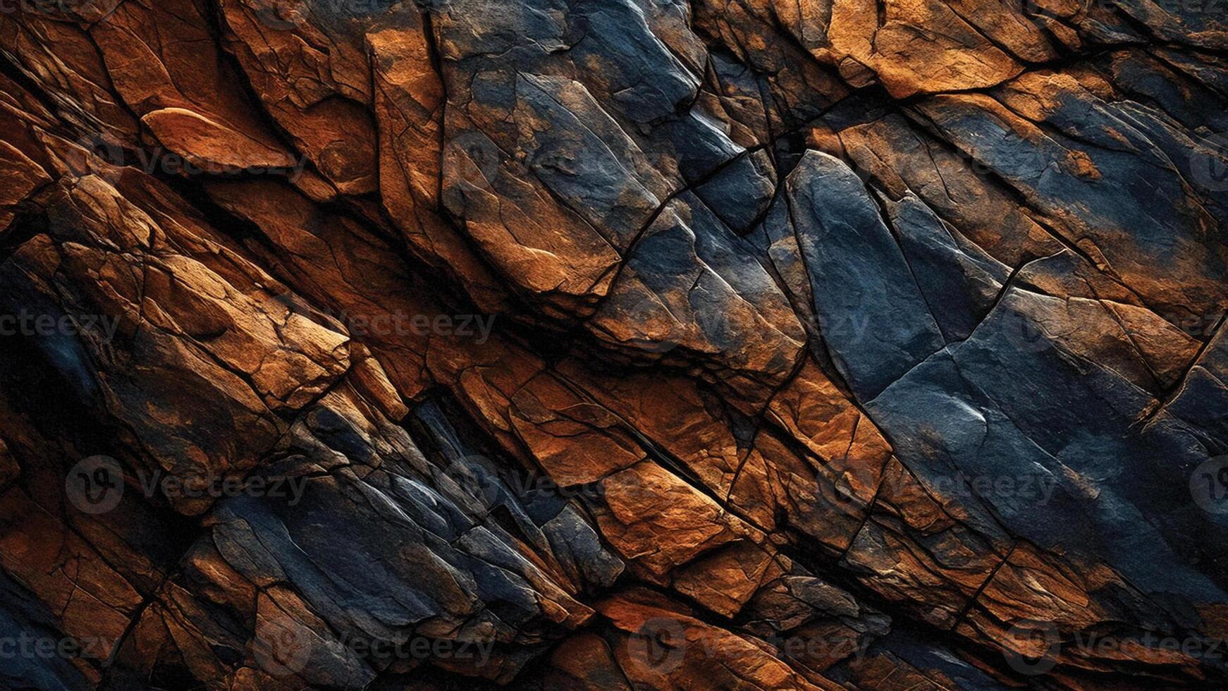 Dynamic rocky surface featuring bold blue and orange contrasts, showcasing natural geological textures and cracks ideal for architecture, backgrounds, and abstract artistic inspirations. photo