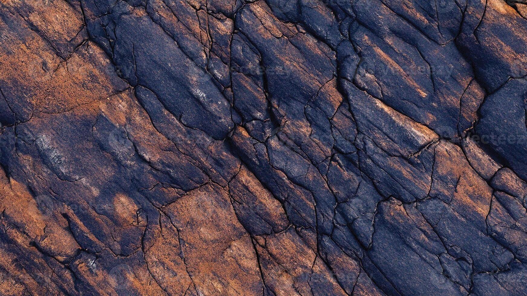 Orange-tinted stone surface with natural crack patterns and deep grooves, perfect for geological designs, architectural textures, and abstract stone surface art photo