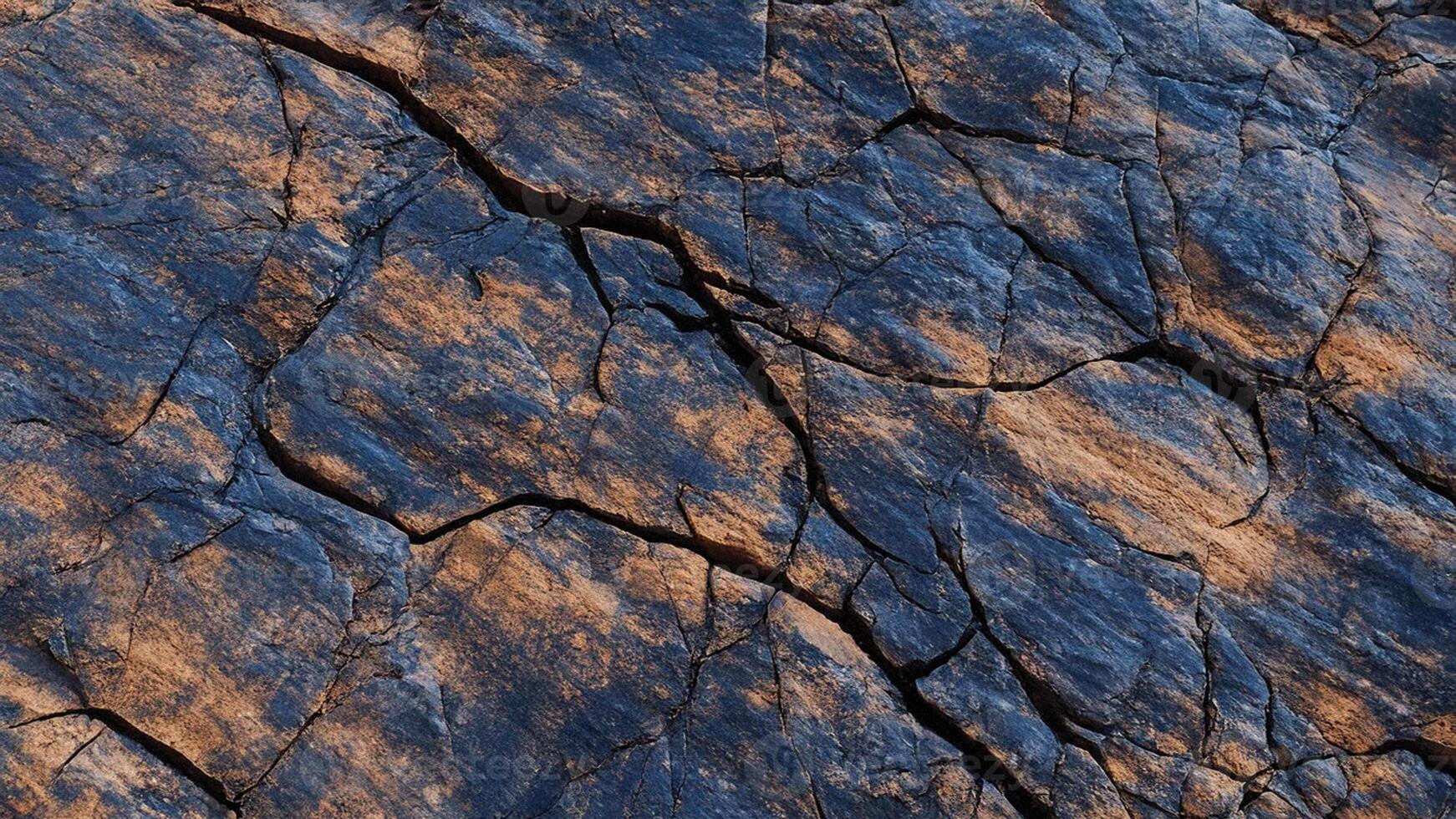Deep blue slate with contrasting rust cracks, highlighting geological stone formations for abstract backgrounds, interior designs, and architectural surfaces photo