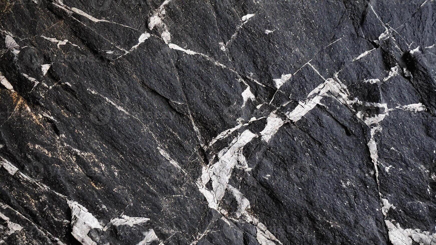 Black marble stone texture with contrasting white veins, ideal for luxury interior backgrounds, geological surface designs, and abstract stone patterns inspired by natural rock formations photo