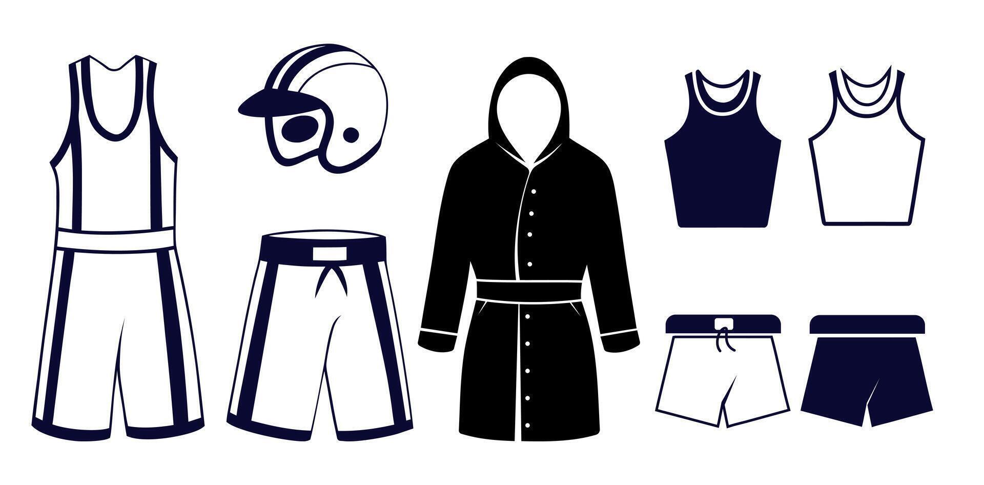 A Boxing Sport Gloves Helmet, Shoes Award, Uniform Isolated Equipment, Boxing Field Game clip art Outline Fighting training Abstract Set vector