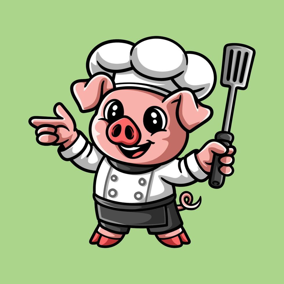 fun cute chef pig with spatula cartoon colored character isolated drawing line style sketch classic vintage design illustration vector